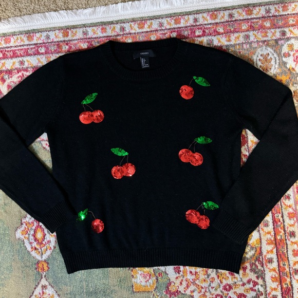 Forever 21 Black Sweater with Sequin Cherries - Picture 1 of 3